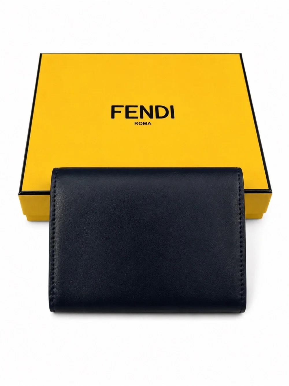 Authentic Fendi Kan I Compact Wallet Navy Blue Leather | Box & COA - Picture 2 of 5